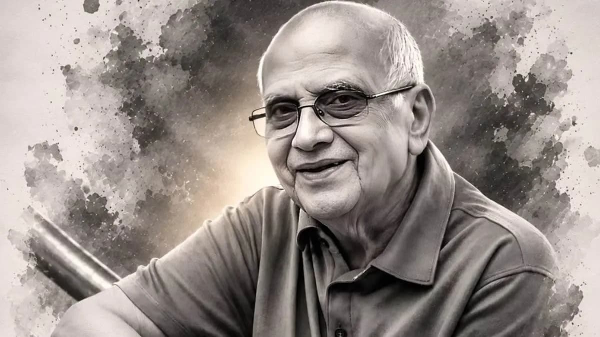 A black-and-white portrait of Singitham Srinivasa Rao in his late 80s, wearing a white kurta, looking directly at the camera with calm intensity.