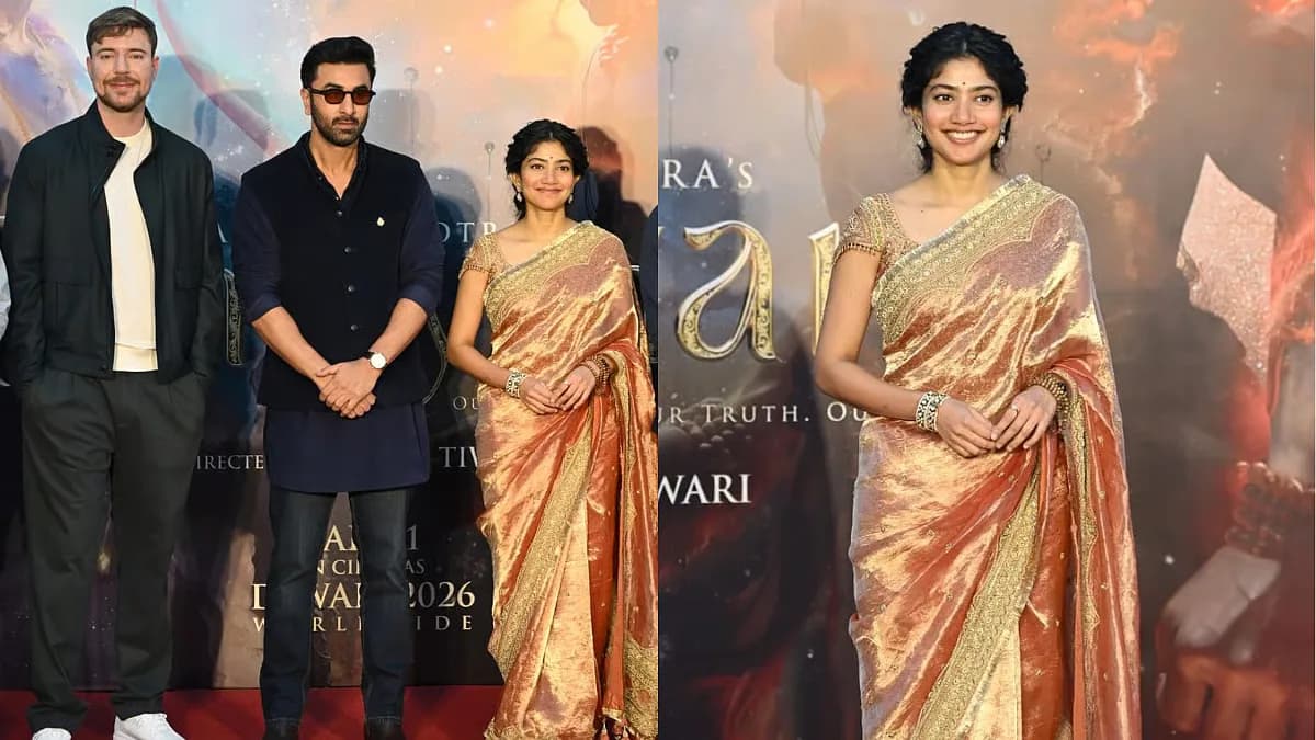 Sai Pallavi wearing a metallic golden-copper tissue silk saree with zardozi embroidery at the Ramayana: Part 1 promotional event in Mumbai