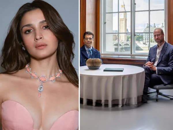 Alia Bhatt in a formal outfit, standing in front of a green backdrop with the Earthshot Prize logo.