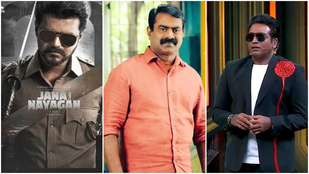 Naam Tamilar Katchi leader Seeman at a podium beside a separate image of actor Vijay Sethupathi on the Bigg Boss Tamil set.