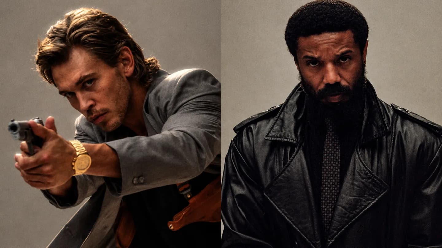 Michael B. Jordan as Ricardo Tubbs in a leather jacket, standing in front of a Miami skyline. Austin Butler as Sonny Crockett in a grey suit, aiming a gun.