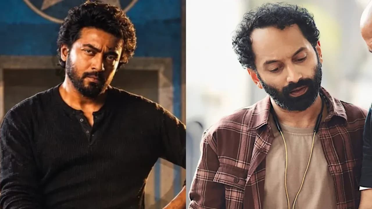 Suriya in a tense scene from Scene, standing in a dimly lit room, looking at a file.