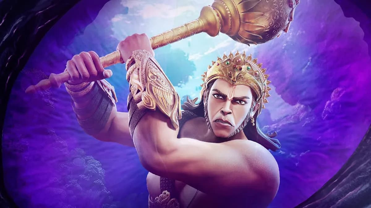 A still from the trailer showing Hanuman standing amid fractured timelines, his eyes aglow, silhouetted against a collapsing cosmos.
