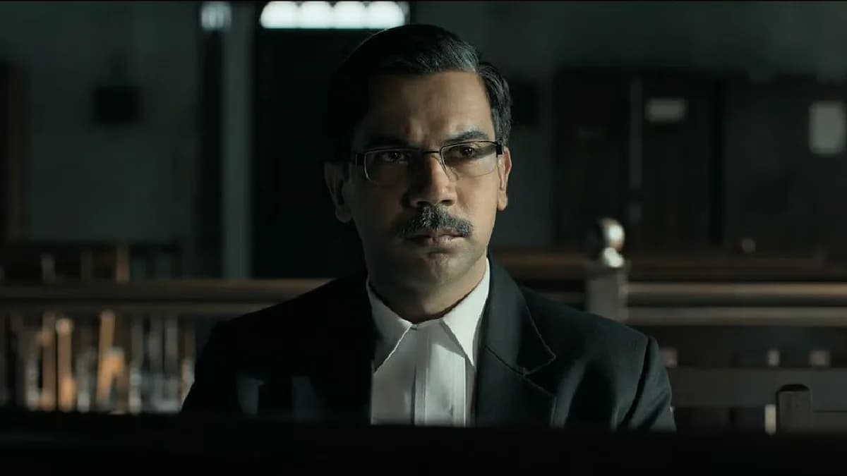 Rajkummar Rao in a courtroom setting from the Prahaar trailer, looking determined
