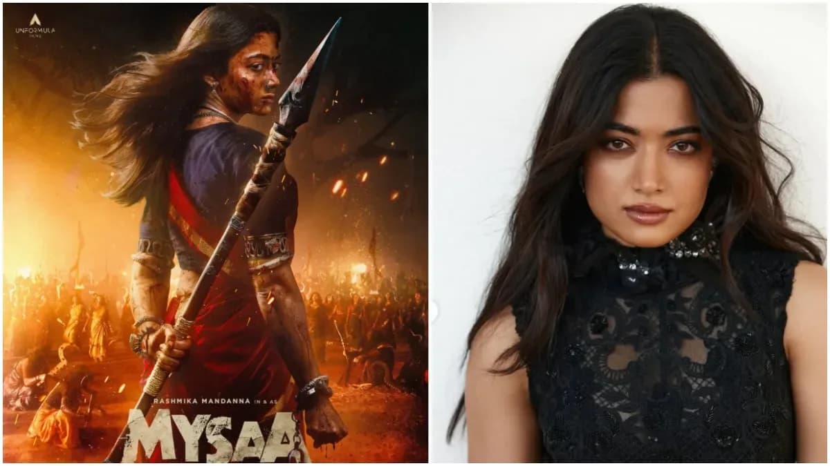 Rashmika Mandanna speaking on stage at the Mysaa teaser launch event