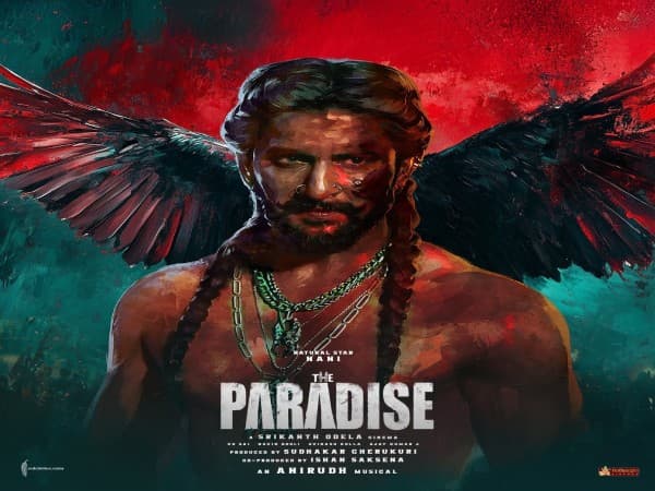 Poster of Nani’s film The Paradise showing the lead against a fiery backdrop.
