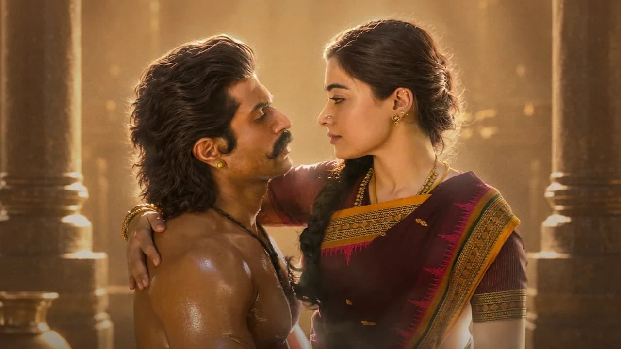 Poster frame of Vijay Deverakonda and Rashmika Mandanna dancing in the Ranabaali song Endhayya Saami