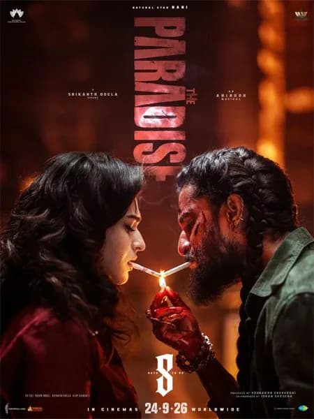 Poster of Nani’s film The Paradise showing the lead actor against a vibrant backdrop