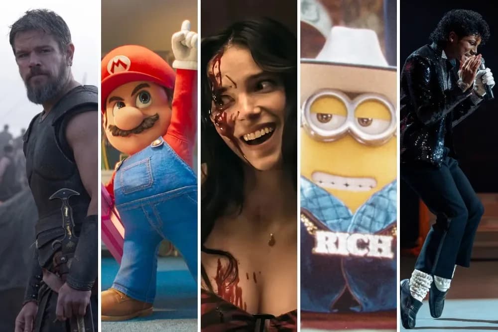 Universal Studios logo overlayed on a collage of posters for The Odyssey, Super Mario Galaxy Movie, and Michael biopic