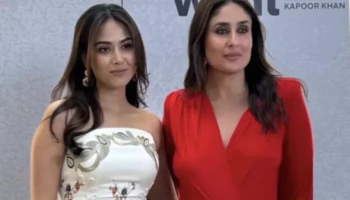 Mira Kapoor in a white sleeveless top with thread work, posing beside Kareena Kapoor Khan in a red top on the set of What Women Want.