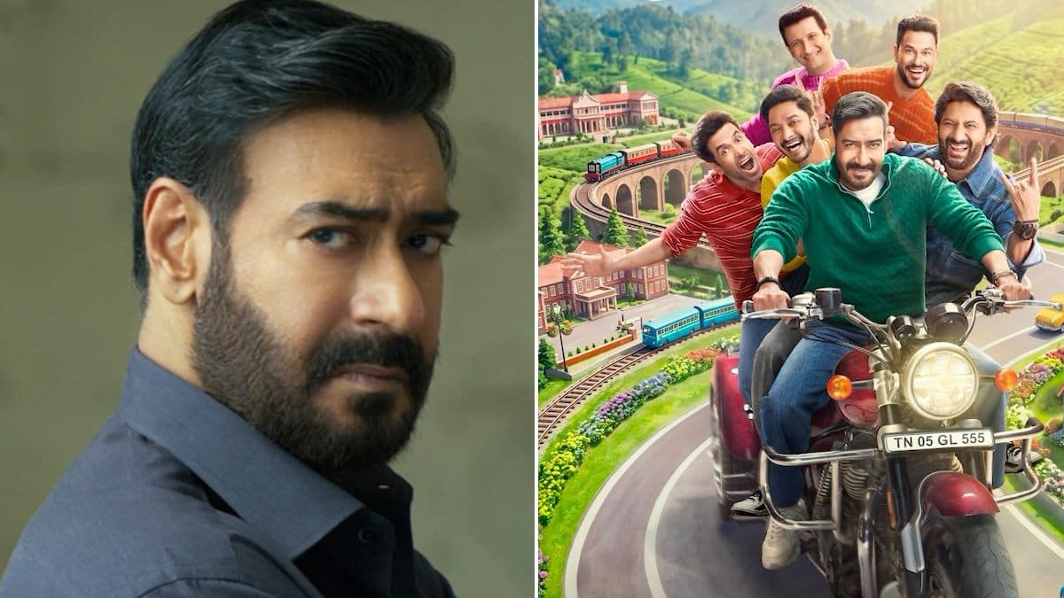 Ajay Devgn standing beside posters of Drishyam 3 and Golmaal 5, smiling confidently.