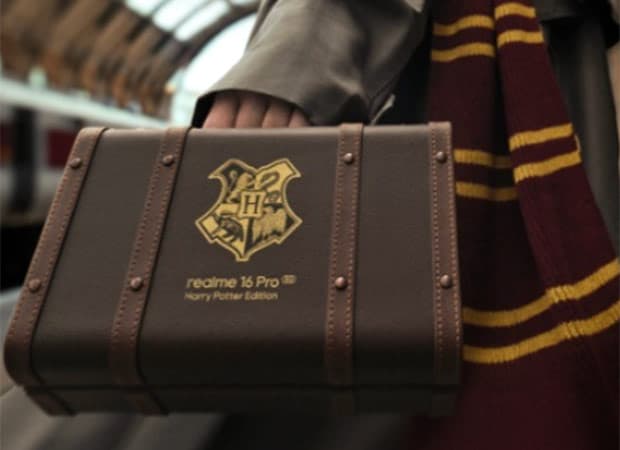 Realme 16 Pro 5G smartphone shown with Harry Potter branded design elements and co-branded logo
