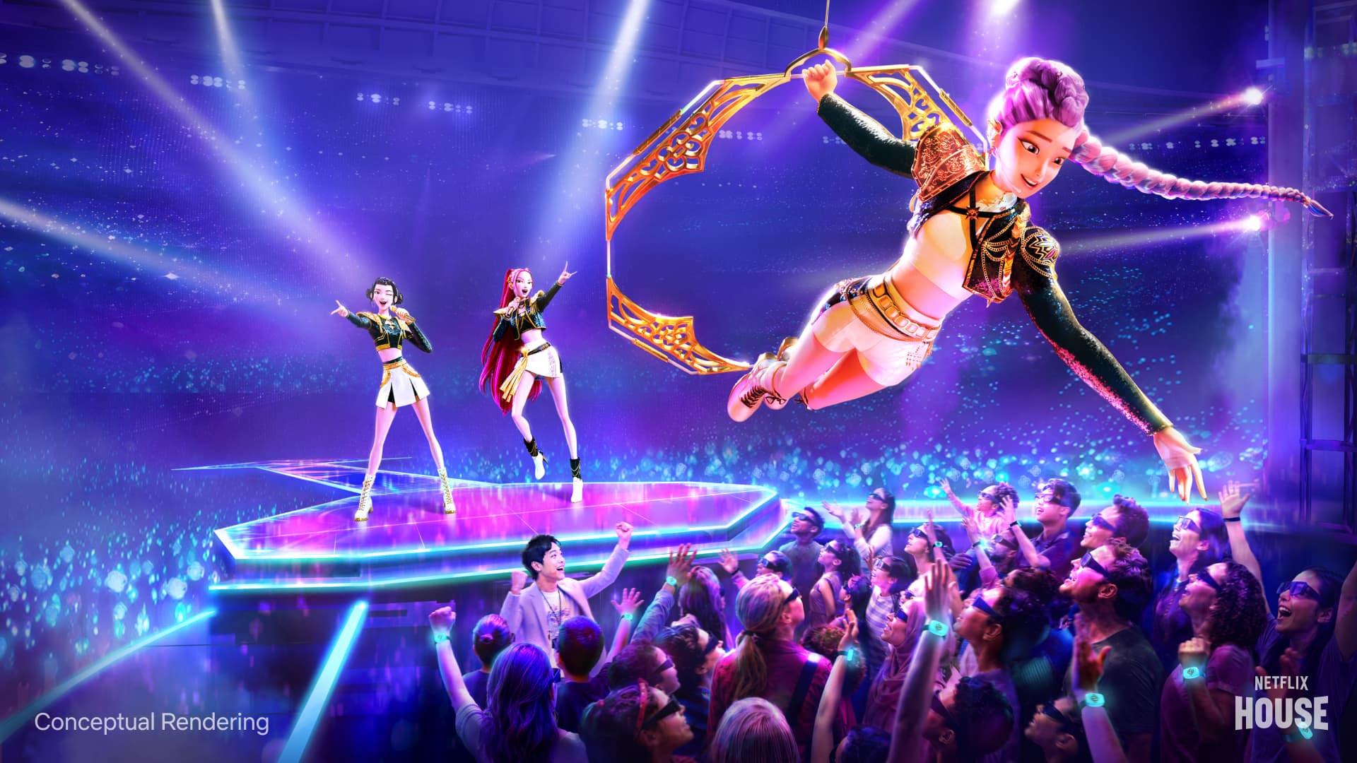 Neon‑lit set of Netflix’s KPop Demon Hunters immersive experience with live actors, puppets and animated backdrop at Netflix House Dallas.