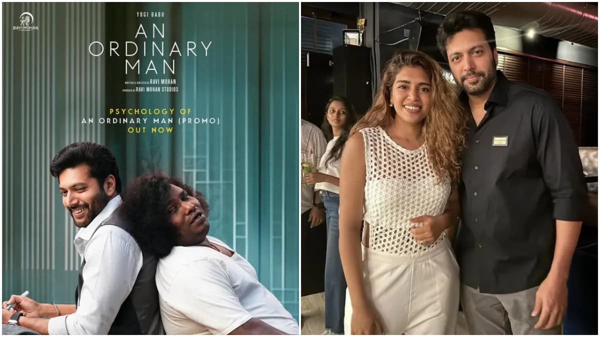 Ravi Mohan, Kenisha Francis and Yogi Babu seated together during a promotional interview for I'm an Ordinary Man