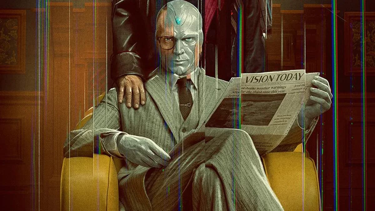 Paul Bettany as Vision in a dark suit, standing in front of a glowing digital grid. James Spader as Thomas Shepherd looms in the background, face half-shadowed.