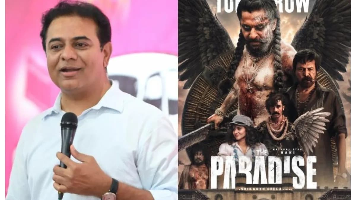 KTR speaking at the Hyderabad special screening of Nani’s film The Paradise with director Srikanth Odela