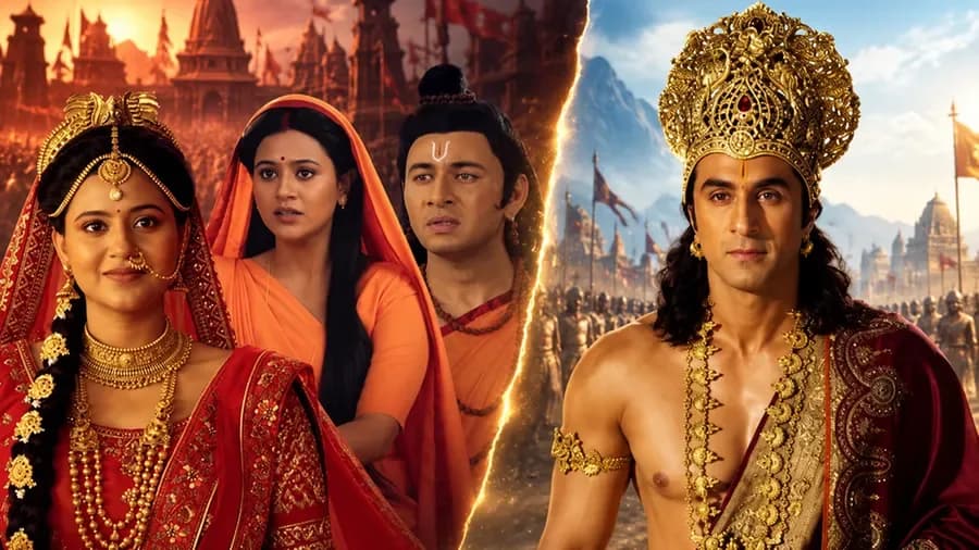 A still from 'Mahakavya Shri Ramayan Katha' featuring Anjali Arora as Sita in a temple setting, with a dramatic sky background.