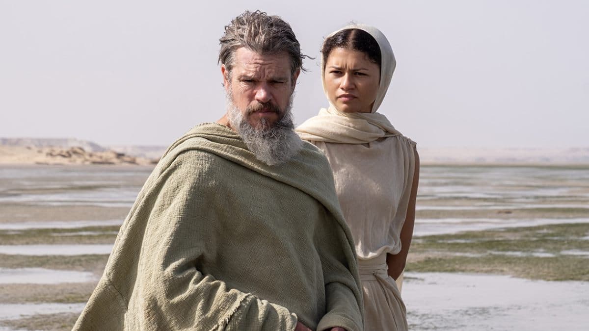 Promotional still from Christopher Nolan's film The Odyssey showing an epic seafaring scene