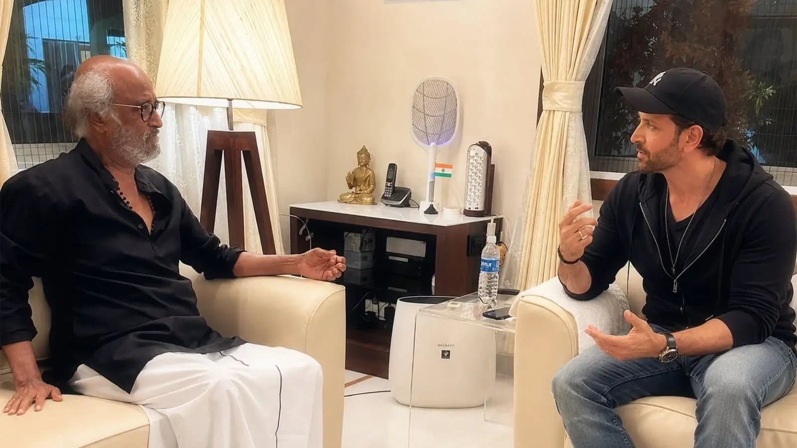 A still from Jailer 2 featuring Rajinikanth and Hrithik Roshan in a dramatic pose