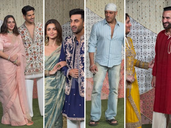 Bollywood celebrities including Katrina Kaif, Vicky Kaushal, Alia Bhatt and Ranbir Kapoor pose for photographers at the Ambani family's Ganesh Chaturthi celebration at Antilia.