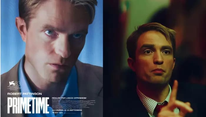 Robert Pattinson in character as a television host in a still from the A24 film Primetime
