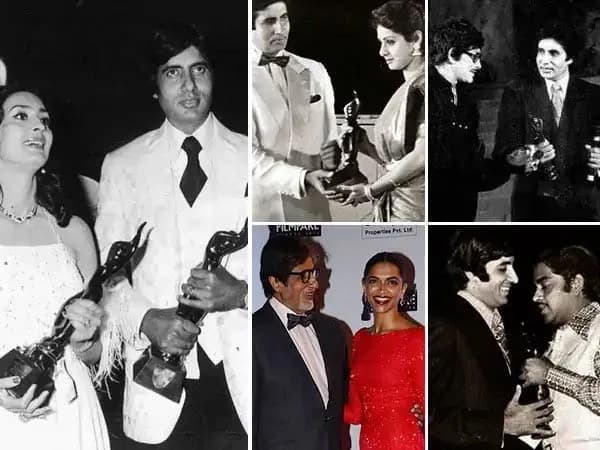 Amitabh Bachchan smiling on stage at a past Filmfare Awards ceremony
