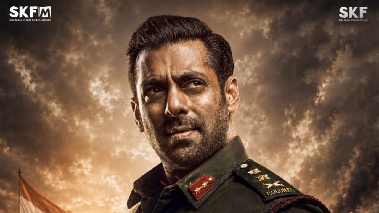 Salman Khan in a war drama outfit, standing in front of a battlefield backdrop.
