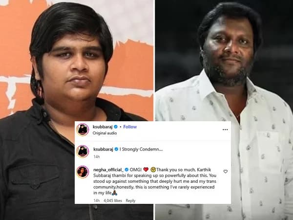 Karthik Subbaraj speaking into a camera, face serious, in a dimly lit room.