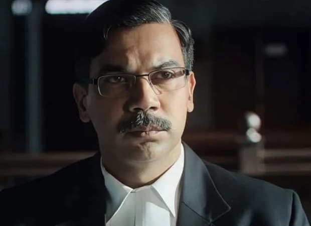 Rajkummar Rao in character as public prosecutor Ujjwal Nikam in a courtroom scene from Prahaar