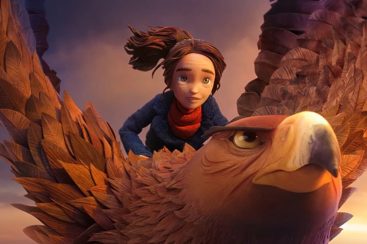 A still from the stop-motion animated film Wildwood, showing a fantastical forest landscape with glowing trees and mysterious creatures.