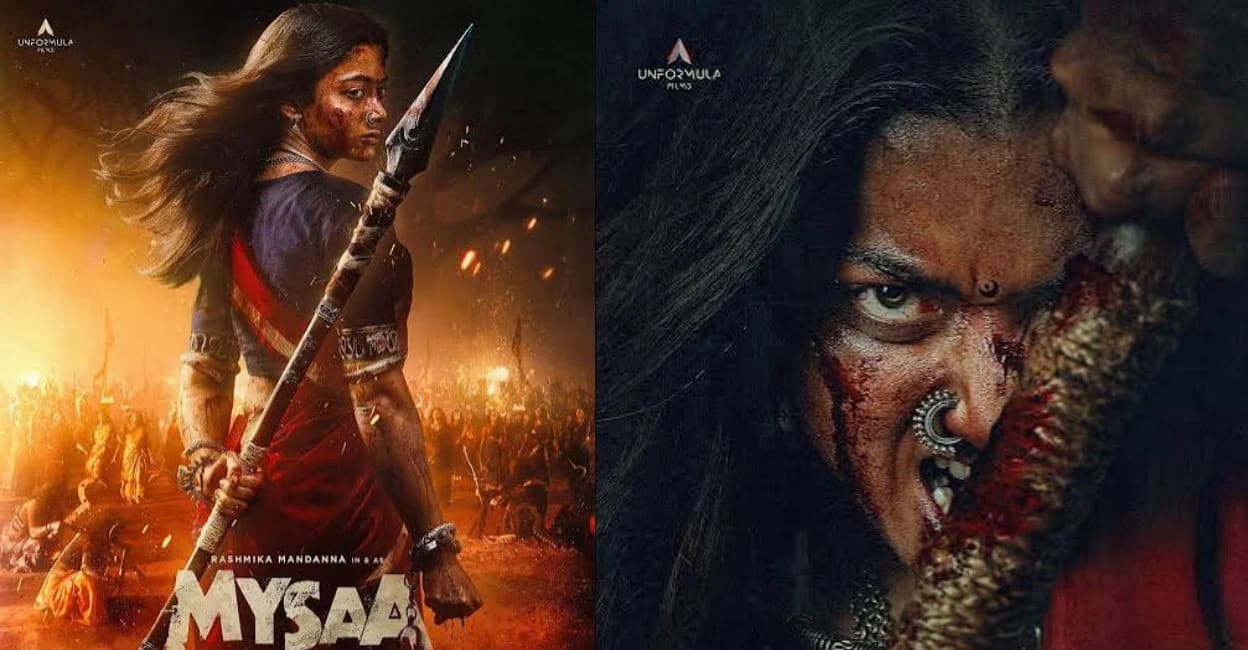 Rashmika Mandanna as her character Mysaa, submerged underwater and holding a sickle, in a still from the film's teaser.