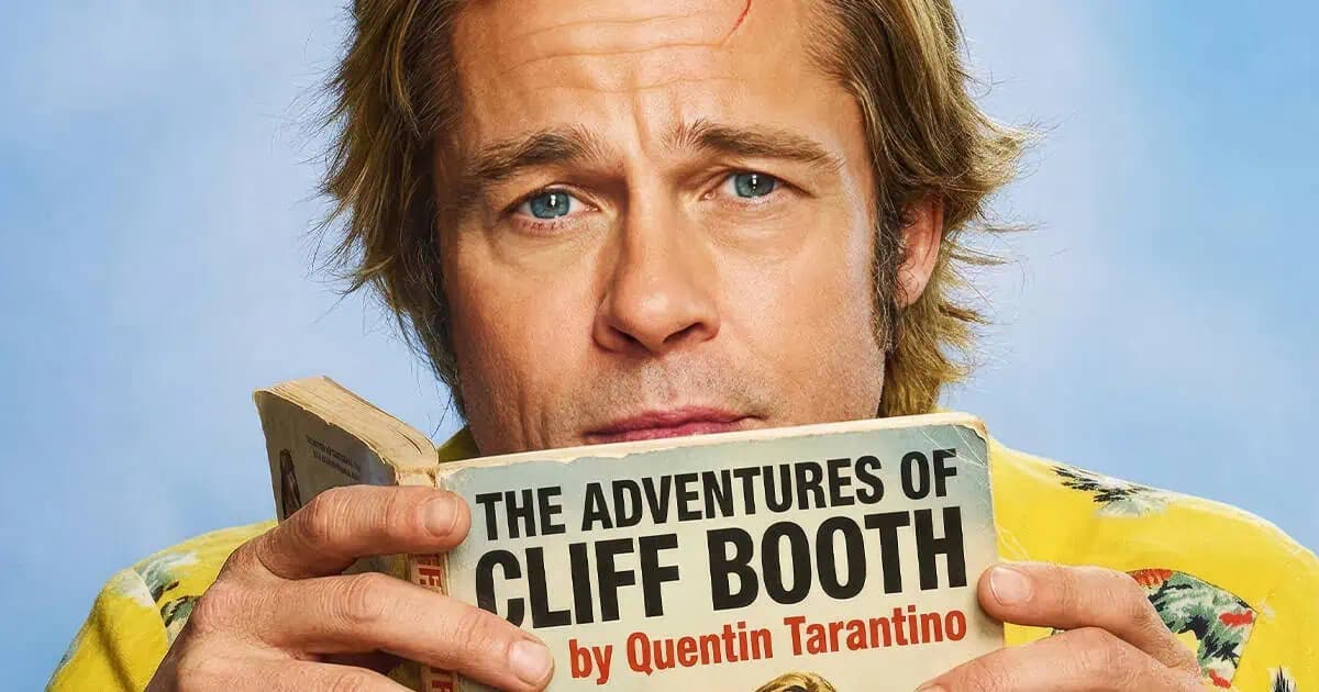 Brad Pitt in character as stuntman Cliff Booth, promotional image tied to the Once Upon a Time in Hollywood universe.