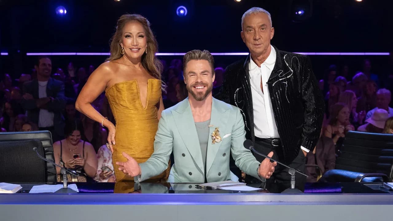 Dancing With The Stars judges panel watching a yacht rock themed performance on the ballroom floor