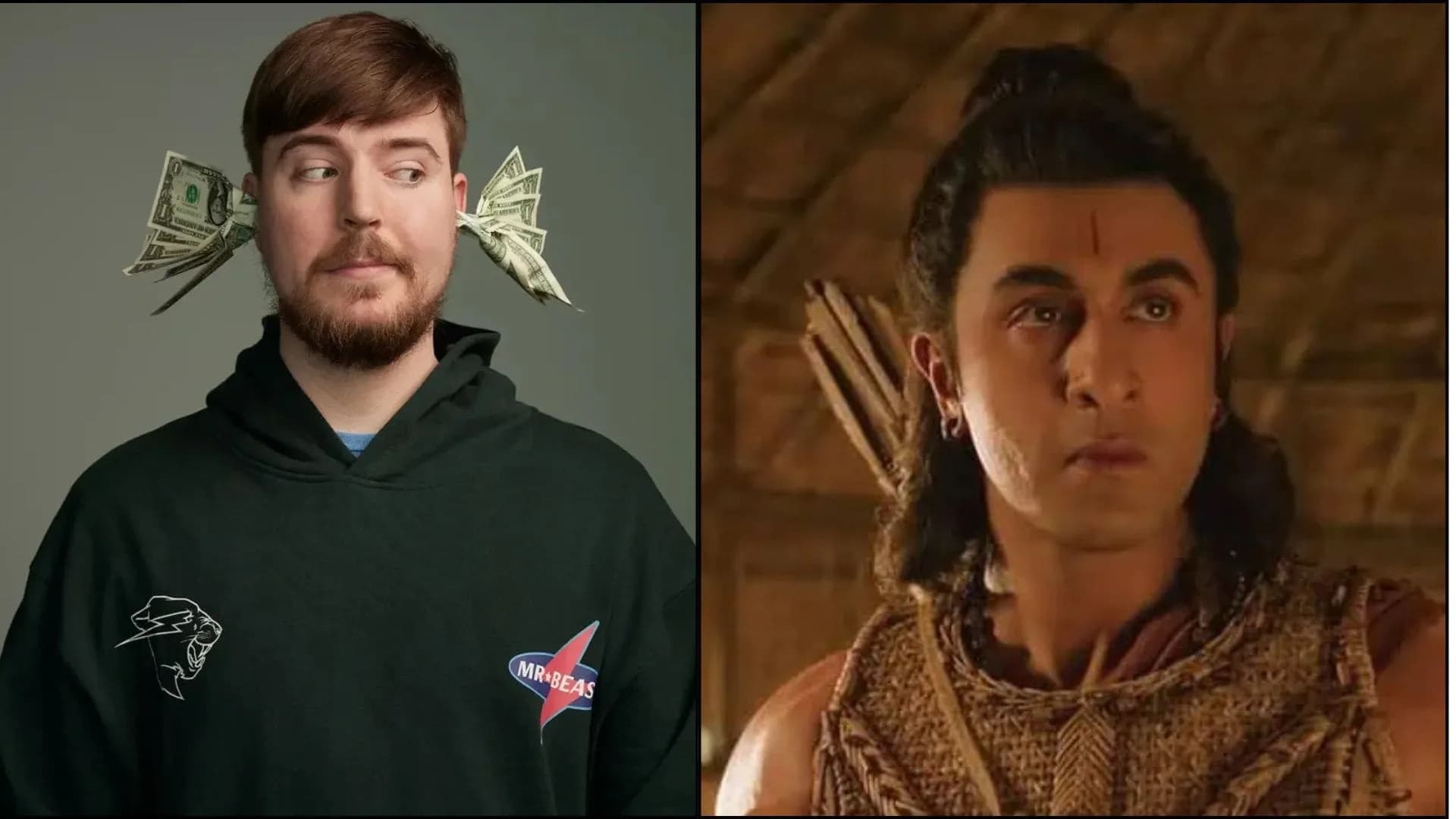 Ranbir Kapoor as Lord Ram standing beside MrBeast at the Ramayana promotional event in Mumbai, with Sai Pallavi and director Nitesh Tiwari in the background.