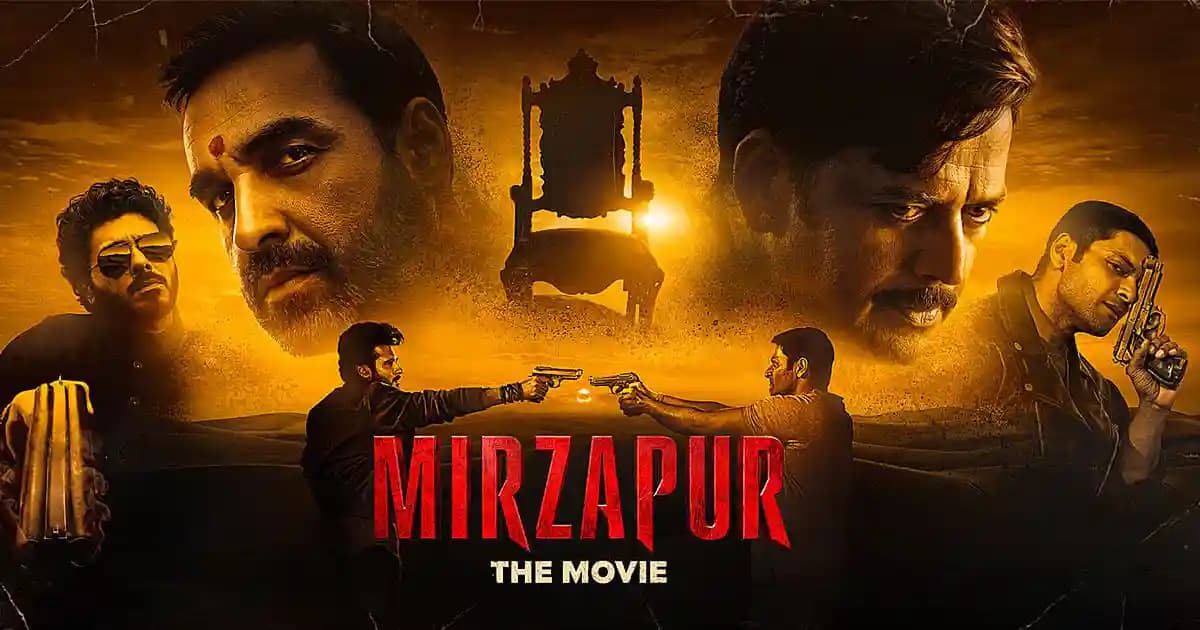Poster or still from Mirzapur The Movie featuring its lead cast in a tense standoff scene