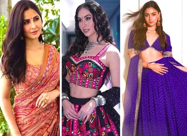 A collage of nine Bollywood stars in vibrant ethnic wear, each styled for Navratri, from Deepika Padukone’s yellow kurta to Kriti Sanon’s purple sharara.