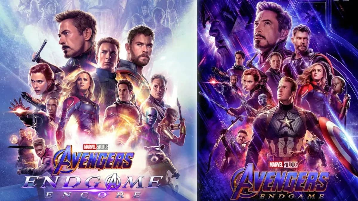 Poster of Avengers: Endgame Encore featuring the original cast against a cosmic backdrop, with the Marvel logo prominently displayed.