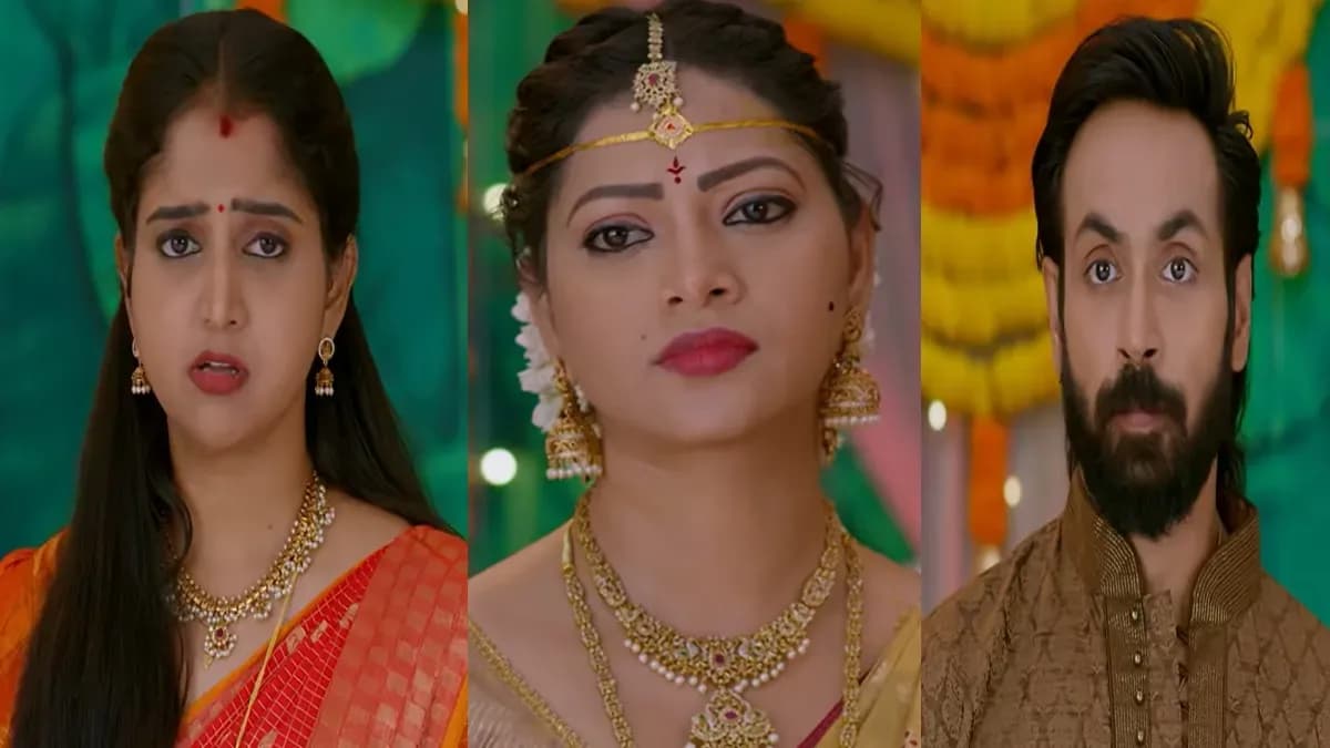 A still from the Telugu television serial Brahmamudi showing a wedding mandapam scene with the bride looking distressed.