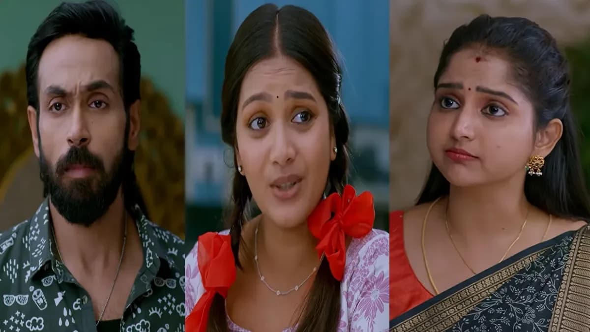 A still from the Telugu television serial Brahmamudi showing a tense household confrontation scene