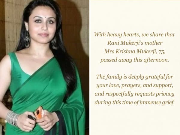 Rani Mukerji at a public event, file photograph used in connection with news of her mother's passing.