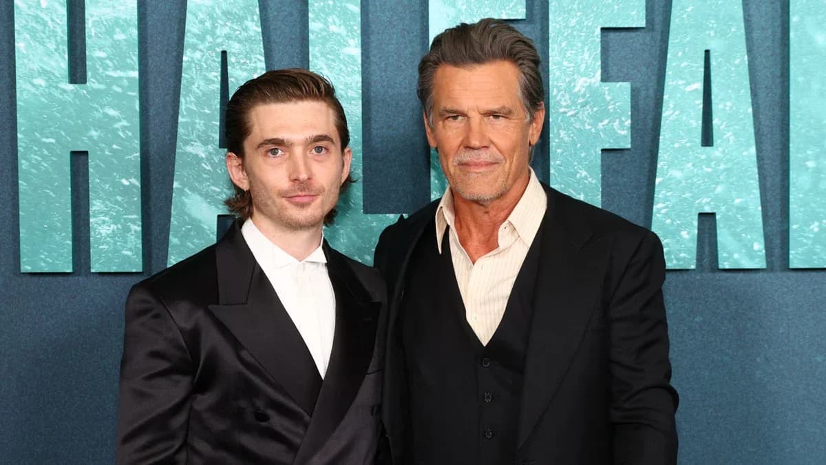 Austin Abrams and Josh Brolin pose together at the London premiere of Whalefall.