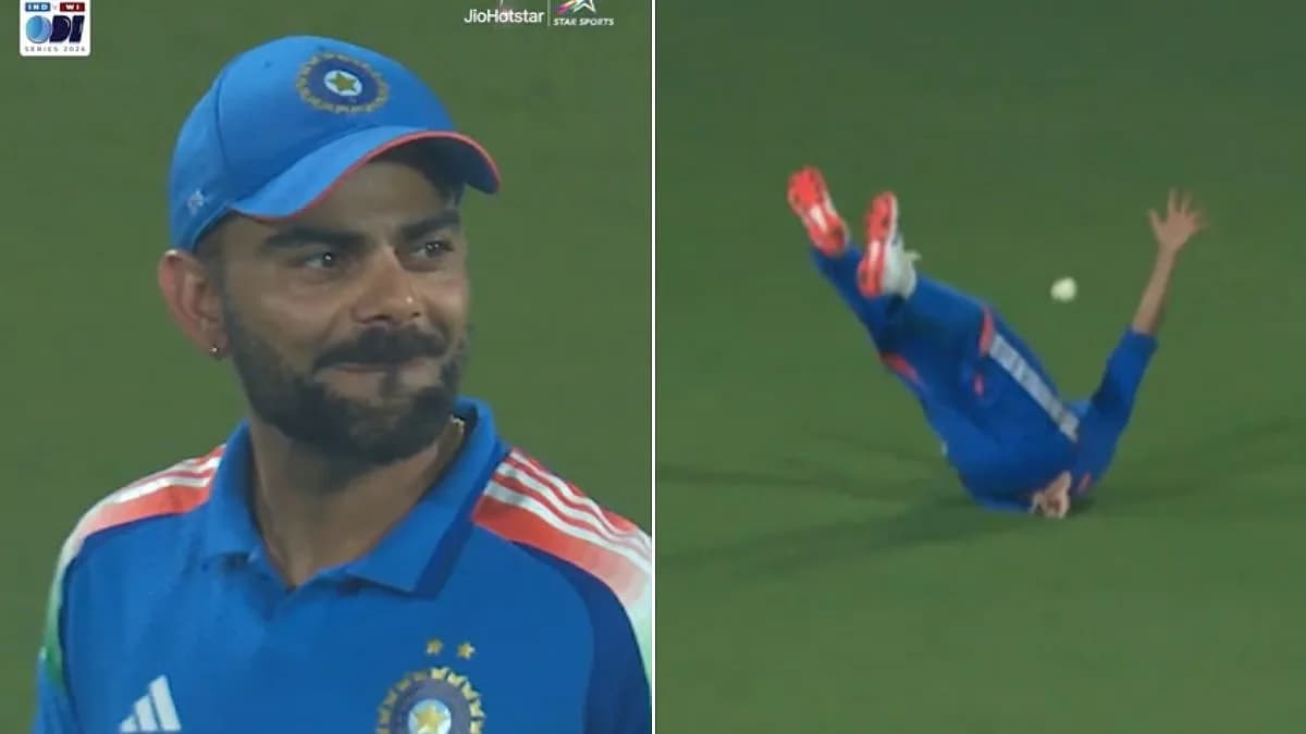 Virat Kohli smiling while watching Kuldeep Yadav tumble after missing a catch during the India vs West Indies ODI.