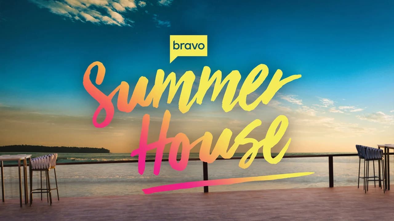 Cast members of Bravo's reality series Summer House posing together outside a Hamptons beach house.