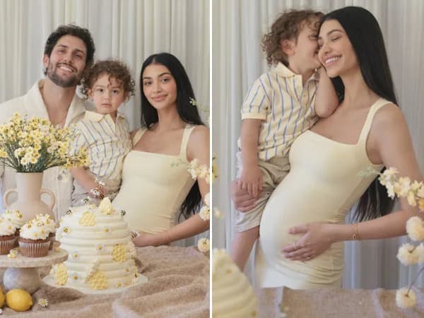 Alanna Panday cutting a pink‑filled cake with husband Ivor McCray at their gender‑reveal celebration