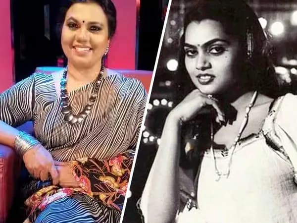 Silk Smitha in a classic 1990s dance sequence, wearing her signature dark maroon lipstick.