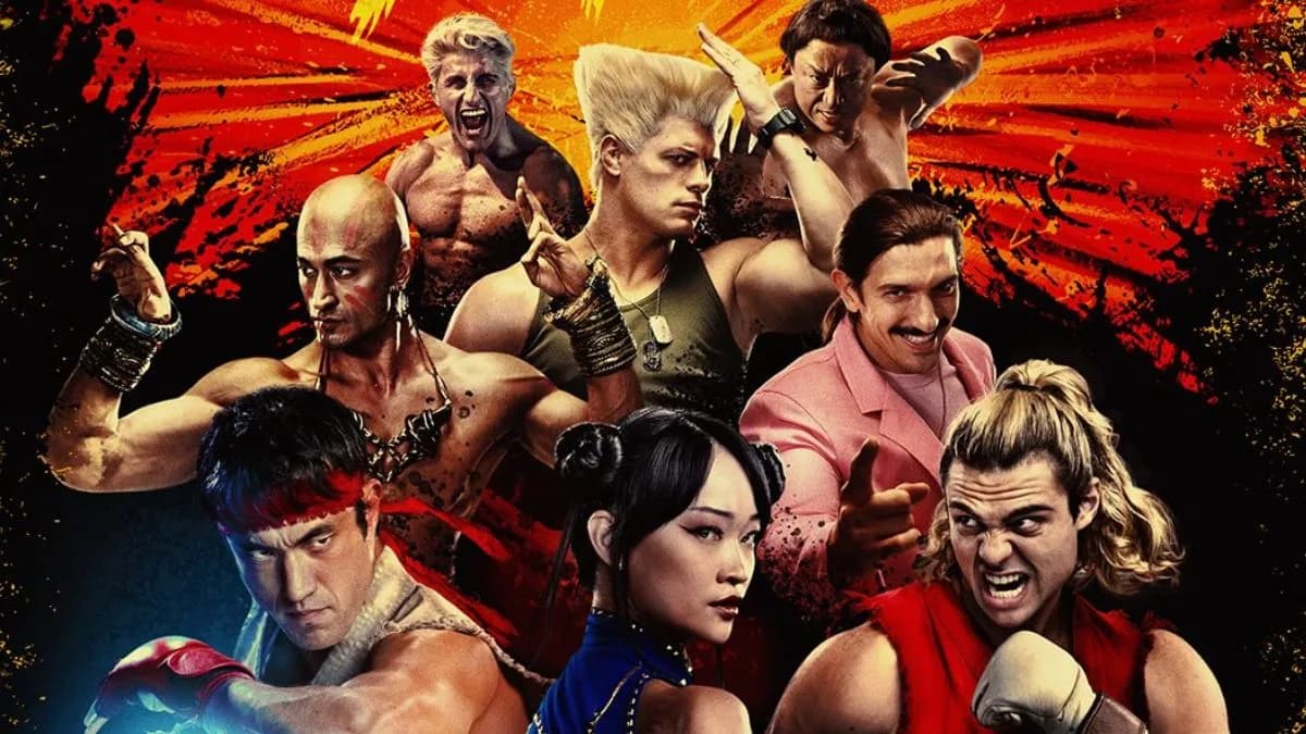 Jason Momoa as Ryu in the Street Fighter trailer, poised for a fight pose against a neon backdrop