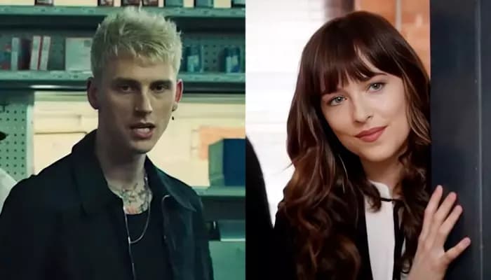 Dakota Johnson and MGK walking hand-in-hand through a city street at dusk, shadows stretching long behind them.