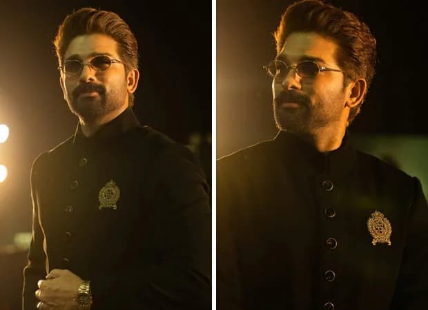 Allu Arjun wearing a black Shantnu Nikhil bandhgala with crest detail, posing for Instagram