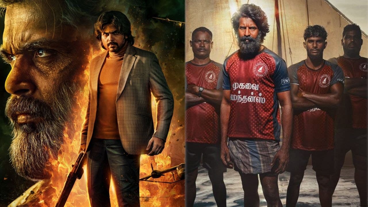 Promotional posters of Karthi's Sardar 2 and Soori's Mandaadi displayed side by side outside a theatre.