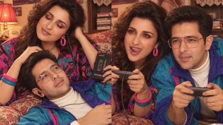 Parineeti Chopra and Raghav Chadha dressed in 80s-inspired outfits in a retro-themed photo